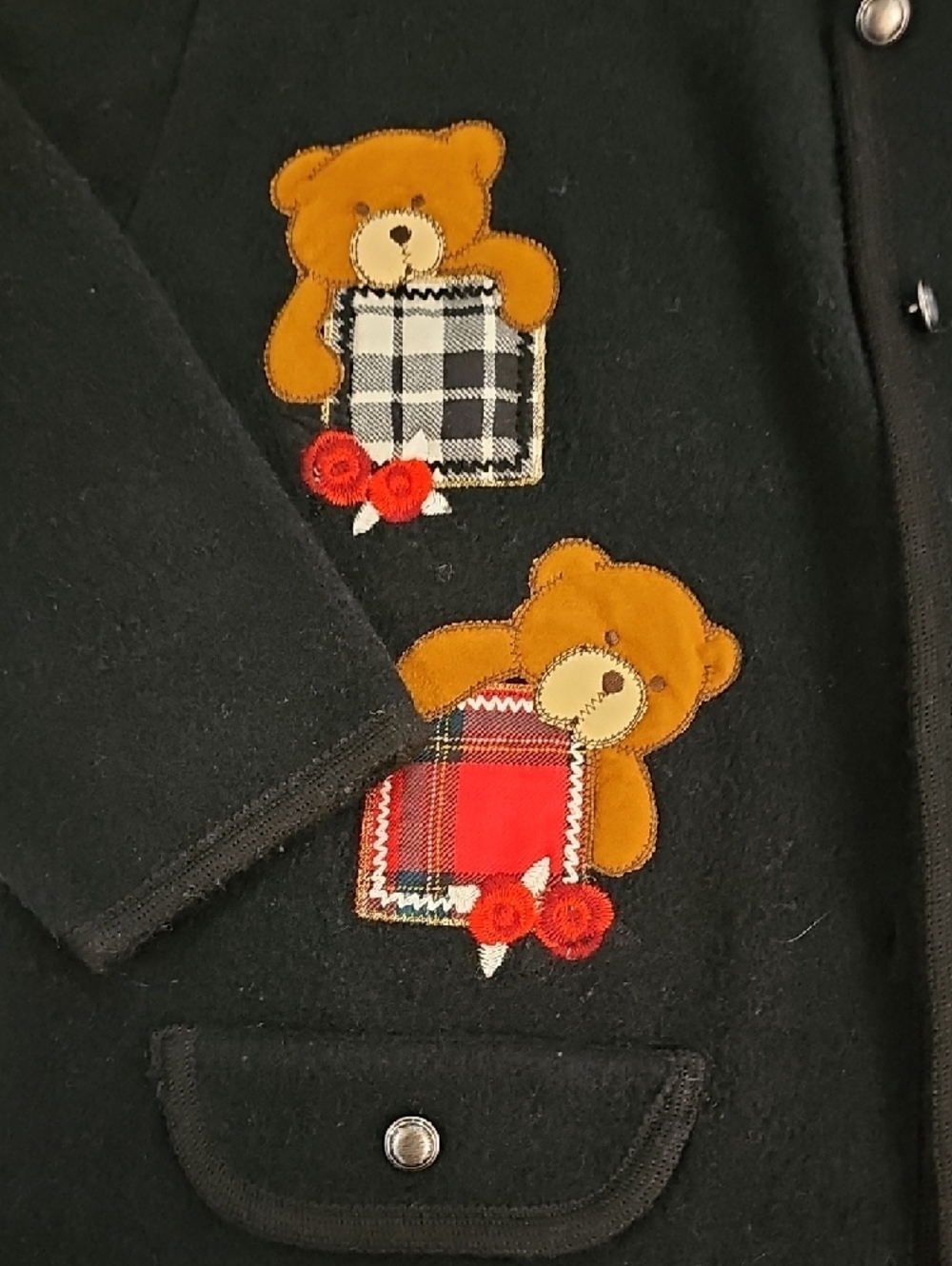 VINTAGE Black Teddy Bear Appliqué Cardigan Jacket with Plaid Accents - Picture 2 of 6